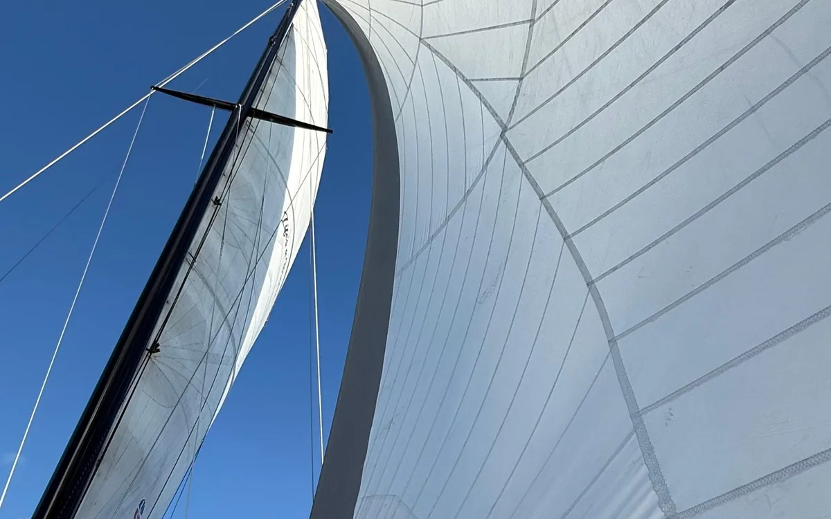Een wit zeil tegen een blauwe lucht met cumuluswolken boven de Whitsundays