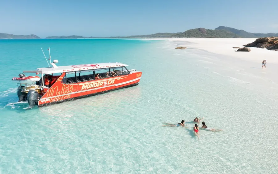 一艘红色双体船停泊在 Whitehaven Beach 外，浅水区有游泳者